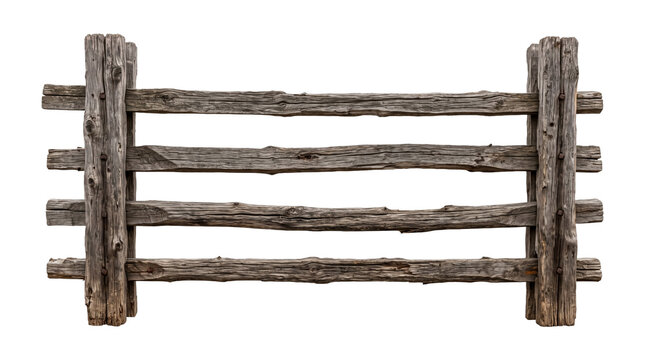 Rustic wooden fence structure with weathered logs and rough texture isolated on transparent png background.