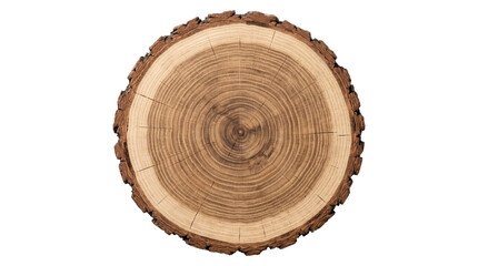 Fototapeta premium Top view of circular wooden stump showing detailed growth rings with dark bark isolated on transparent bg.