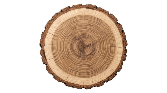 Top view of circular wooden stump showing detailed growth rings with dark bark isolated on transparent bg.