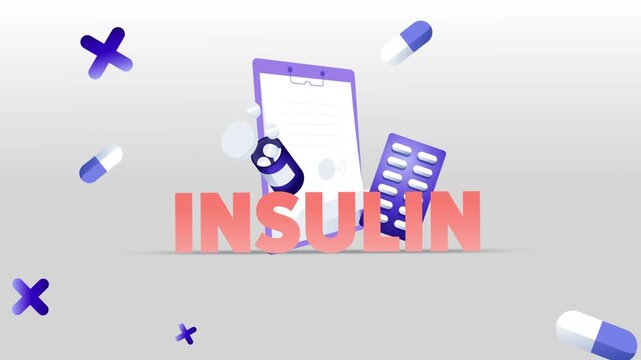 Insulin Typography with Medical Clipboard, Pill Bottle, Capsule Blister Pack and Pills on White Background