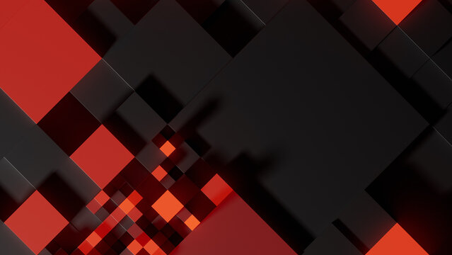 Abstract quadtree data structure background. Glowing red digital blocks and cubes on dark space. 3d rendering illustration not AI