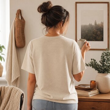 Woman wearing a beige t-shirt stands with her back to the camera while holding a mug in a tranquil room with a framed forest landscape.