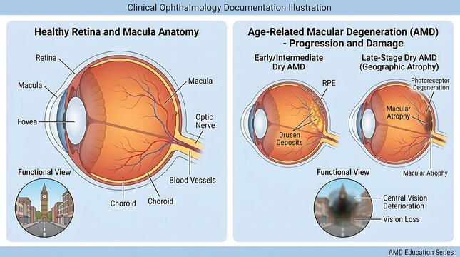 Clinical illustration of age-related macular degeneration progression from healthy retina to early and late-stage dry AMD, featuring macular atrophy and simulated central vision loss effects.