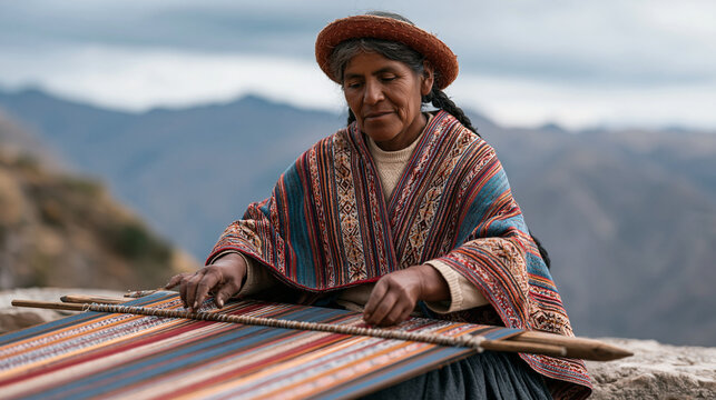 Peruvian wool weaver working at a traditional backstrap loom outdoors on a mountain terrace, fingers moving quickly between brightly patterned threads, dramatic Andean overcast