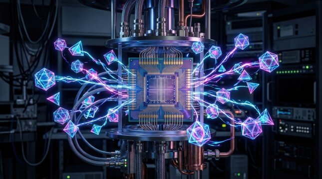 Advanced quantum computer processing complex data with glowing energy connections in a futuristic laboratory setting