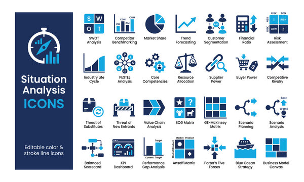 Situation analysis icons vector set featuring swot pestel bcg matrix porter five forces and business strategy planning infographics design elements