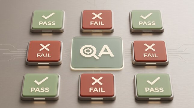 Quality assurance concept featuring digital buttons with pass and fail status symbols on metallic surface with central QA icon surrounded green pass red fail indicators