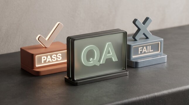 Quality assurance concept featuring pass and fail symbols on modern three dimensional desk displays with outcomes minimalist office blocks representing pass