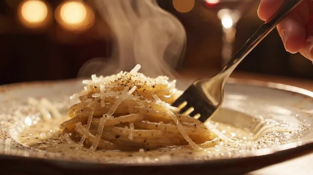Delicious Steaming Spaghetti Carbonara with Crispy Bacon and Grated Parmesan Cheese in a Restaurant