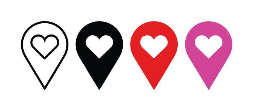 Location pin with heart icons illustrating affection, favorite destination, and map marker symbol variations in outline, solid, and colored styles using clean minimalist vector graphics for navigation