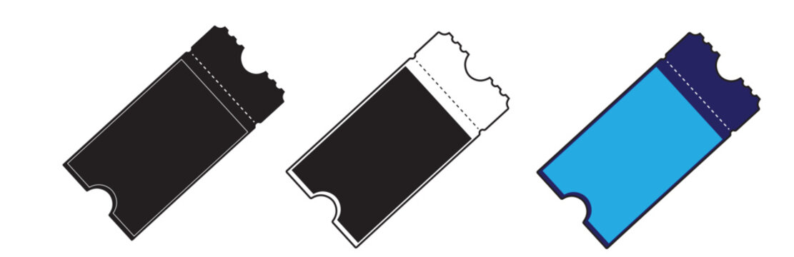 Minimalist movie ticket icons set, flat admission stub vector illustrations, black and blue theater entry coupons for event booking