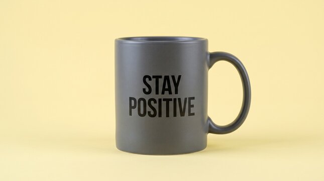 Stay Positive motivational quote on grey ceramic mug, minimalist coffee cup with inspirational text, matte grey mug on yellow background