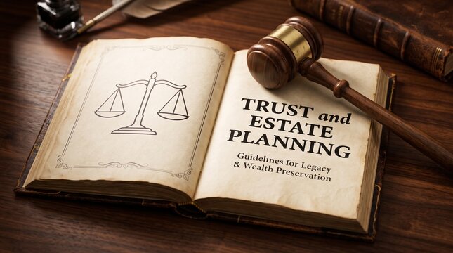 Vintage trust and estate planning book on wooden desk, legal gavel and scales of justice, legacy and wealth preservation law concept