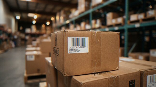 A close-up shot of a cardboard shipping box with a barcode label sitting on a pallet in a blurred warehouse environment.
