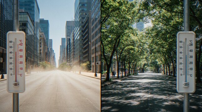 A split-screen comparison showing a hot, sun-exposed city street with a high-temperature reading versus a cool, tree-shaded street with a lower temperature reading.