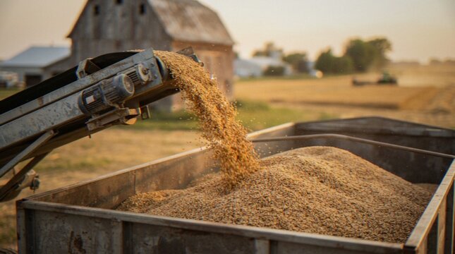 Grain conveyor belt pouring harvested wheat into a trailer on a farm during the golden hour.