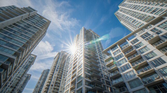 Low angle view of modern high-rise apartment buildings against a bright blue sky with a sunburst lens flare.