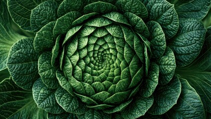 Obraz premium Close-up, top-down view of a vibrant green leafy vegetable's intricate spiral pattern