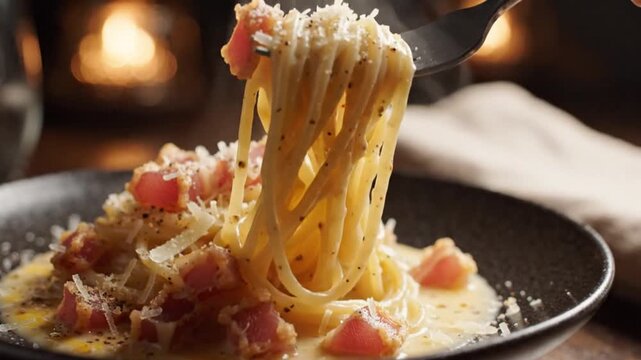 Delicious Steaming Spaghetti Carbonara with Crispy Bacon and Grated Parmesan Cheese in a Restaurant