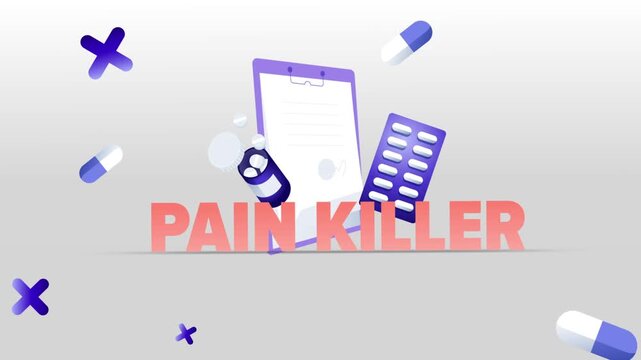 Pain Killer Typography with Medical Clipboard, Pill Bottle, Capsule Blister Pack and Pills on White Background