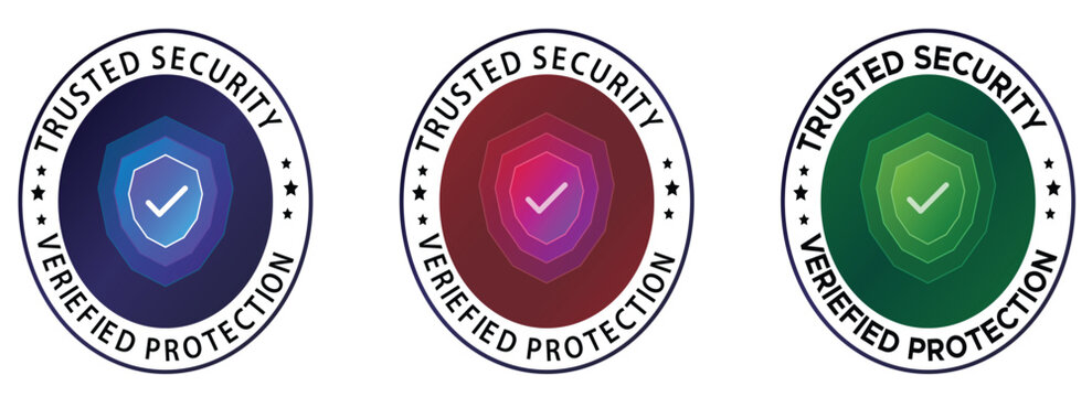 Trusted security badge set with shield icons, verified protection seal collection in blue red and green, 3 vector guarantee stamps for web safety