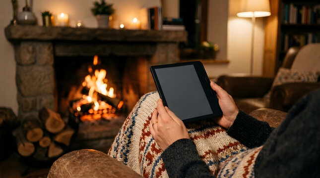 Relaxed person reading on digital tablet by cozy living room fireplace