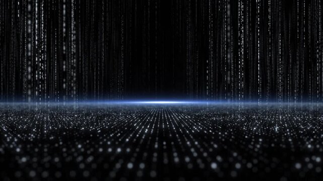 Monochrome matrix code rain visual with white dotted floor, falling vertical data lines, and dark horizon glow. Perfect for cyber videos, software intros, tech titles, and overlays.