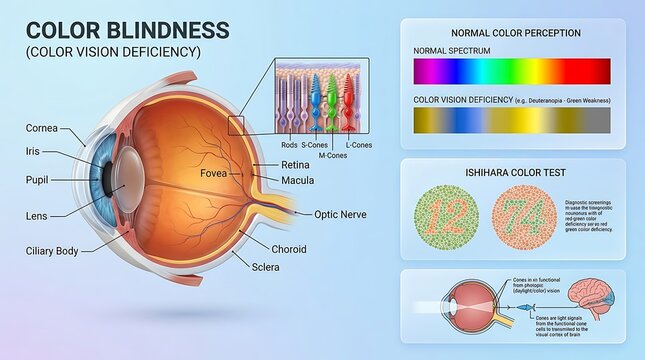 Detailed medical illustration of color blindness and vision deficiency featuring eye cross-section, photoreceptor cone cells, color spectrums, and Ishihara diagnostic test circles