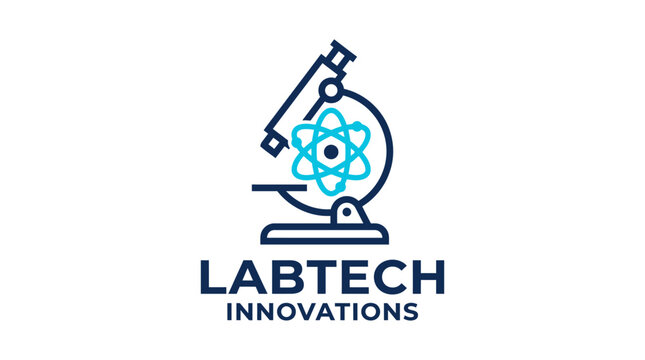 Science lab logo design template with microscope and atom icon for labtech innovations concept