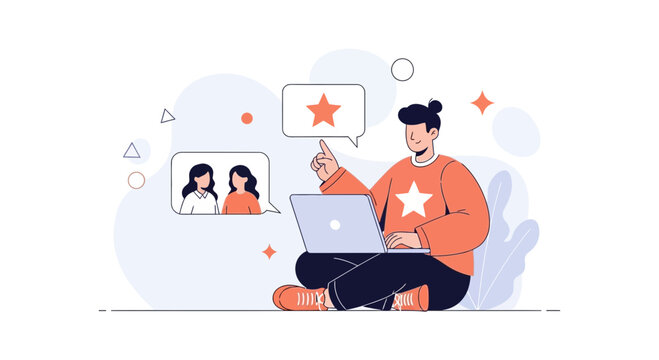 Vector illustration of a person interacting with a laptop, receiving positive feedback with star ratings and chat bubbles.
