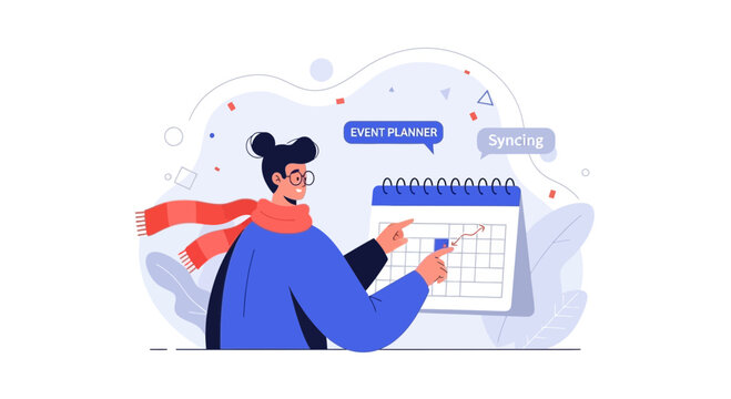 Vector illustration of an event planner coordinating a schedule on a calendar, symbolizing planning, organization, and synchronization.