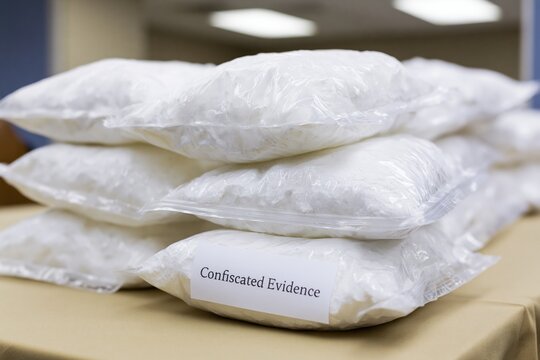 The Powder Bags of Confiscated Evidence on a Police Table in a Room