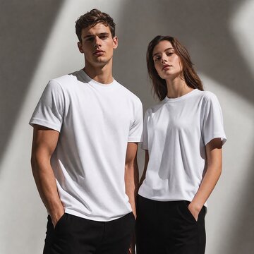 Man and woman stand side by side wearing matching plain white t-shirts against a neutral wall.