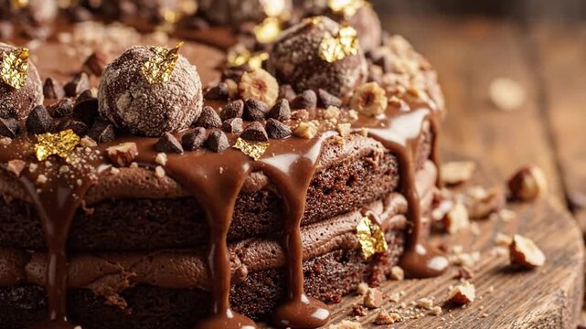 Decadent Gourmet Chocolate Cake with Rich Ganache Drip, Truffles, and Luxury Gold Leaf Topping