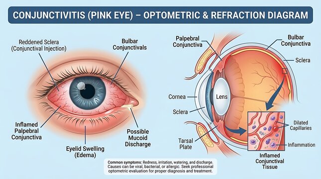 Detailed Eye Anatomy Diagram Showing Conjunctival Injection and Reddened Sclera Details