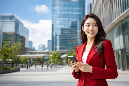 asian businesswoman in red suit holding smartphone smiling in modern city