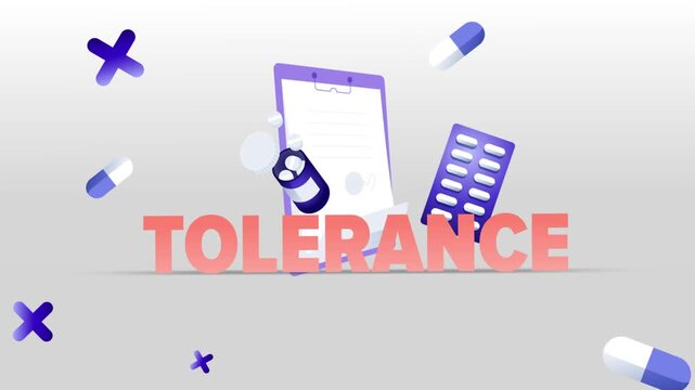Tolerance Typography with Medical Clipboard, Pill Bottle, Capsule Blister Pack and Pills on White Background