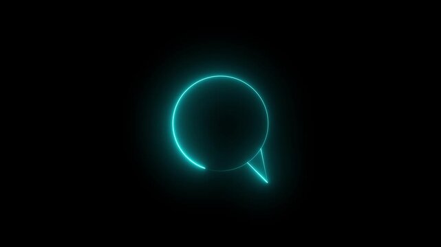 Glowing cyan chat dialog symbol. An SMS message icon on a dark background, chat and communication, sending messages, discussion, reply, customer support and communication.