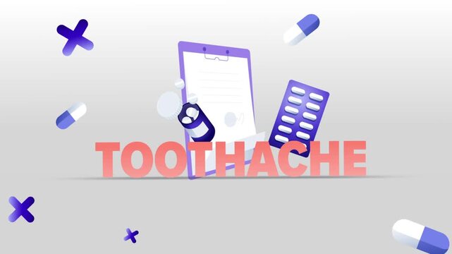 Toothache Typography with Medical Clipboard, Pill Bottle, Capsule Blister Pack and Pills on White Background