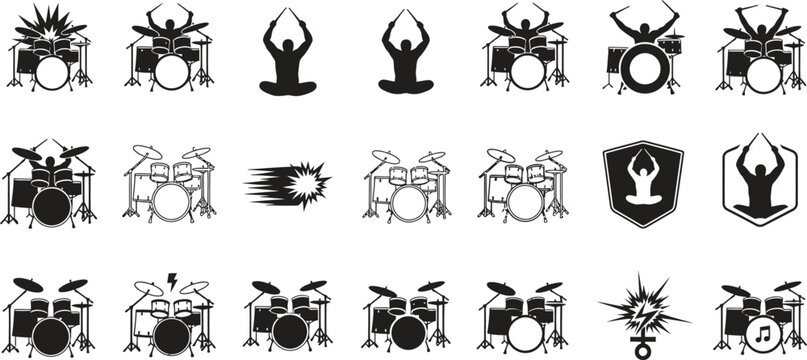 Collection of various drum set and percussion instruments icons in black and white with snare drum