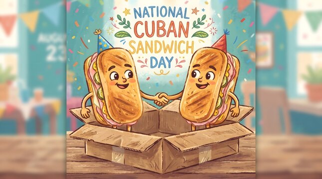 National Cuban Sandwich Day Cute Cuban Sandwich Mascots Handshaking Vector Clipart Illustration