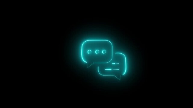 Glowing cyan  chat dialog symbol. An SMS message icon on a dark background, chat and communication, sending messages, discussion, reply, customer support and communication.