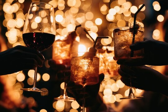 Hands clinking celebratory glasses filled with drinks against bokeh lights