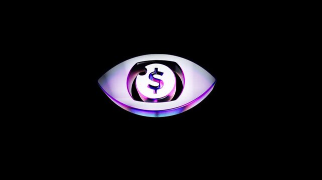 Shiny metallic eye symbol with a dollar sign inside on a dark background 3D Icon