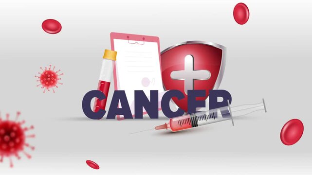 Cancer Typography with Patient Clipboard, Blood Test Tube, Syringe, Red Cross Shield and Red Blood Cells on White Background