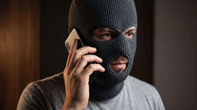 A mysterious individual wearing a dark balaclava makes a suspicious phone call, symbolizing cybercrime, anonymity, and illegal activities like fraud, scam, or blackmail.