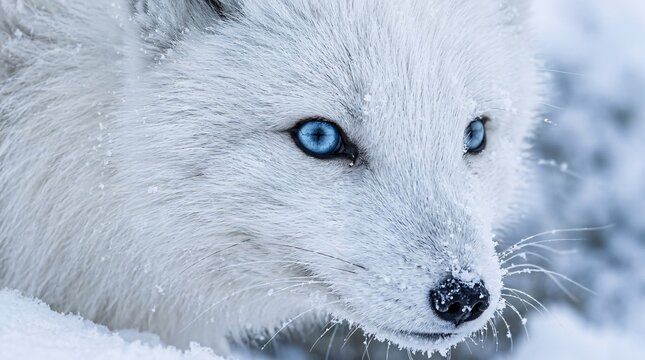 Close-up of an Arctic fox face showing piercing icy blue eyes and pristine thick white fur, bathed in gentle soft natural lighting.