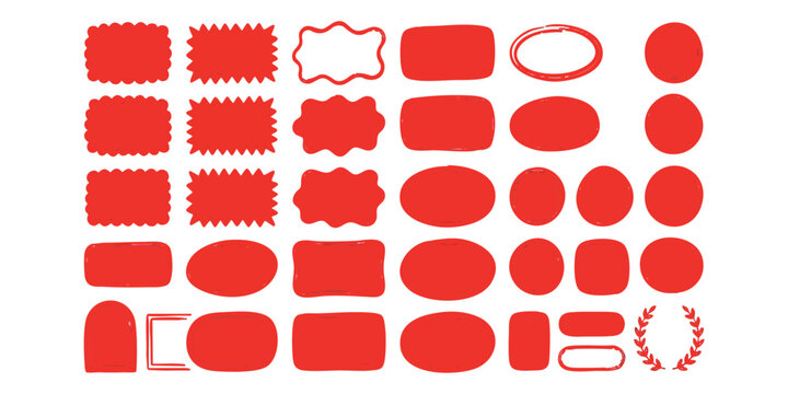 Collection of red geometric shapes and price tag stickers for labels and design elements