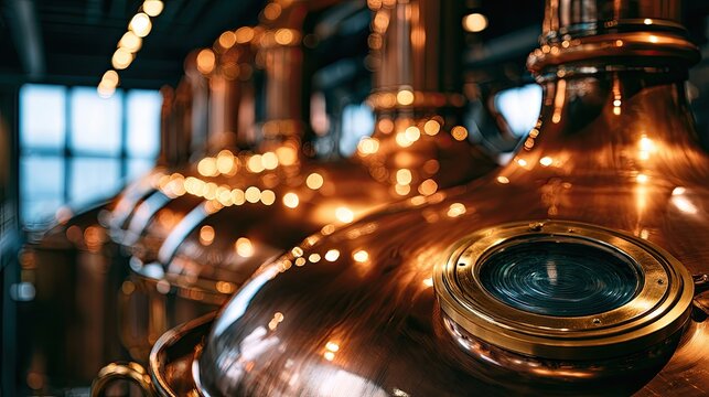 Rows of gleaming copper stills reflect warm light, hinting at distillation