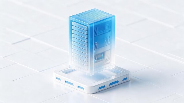Transparent blue database server rack on a clean futuristic platform, idea for cloud computing, data storage, and enterprise technology presentation